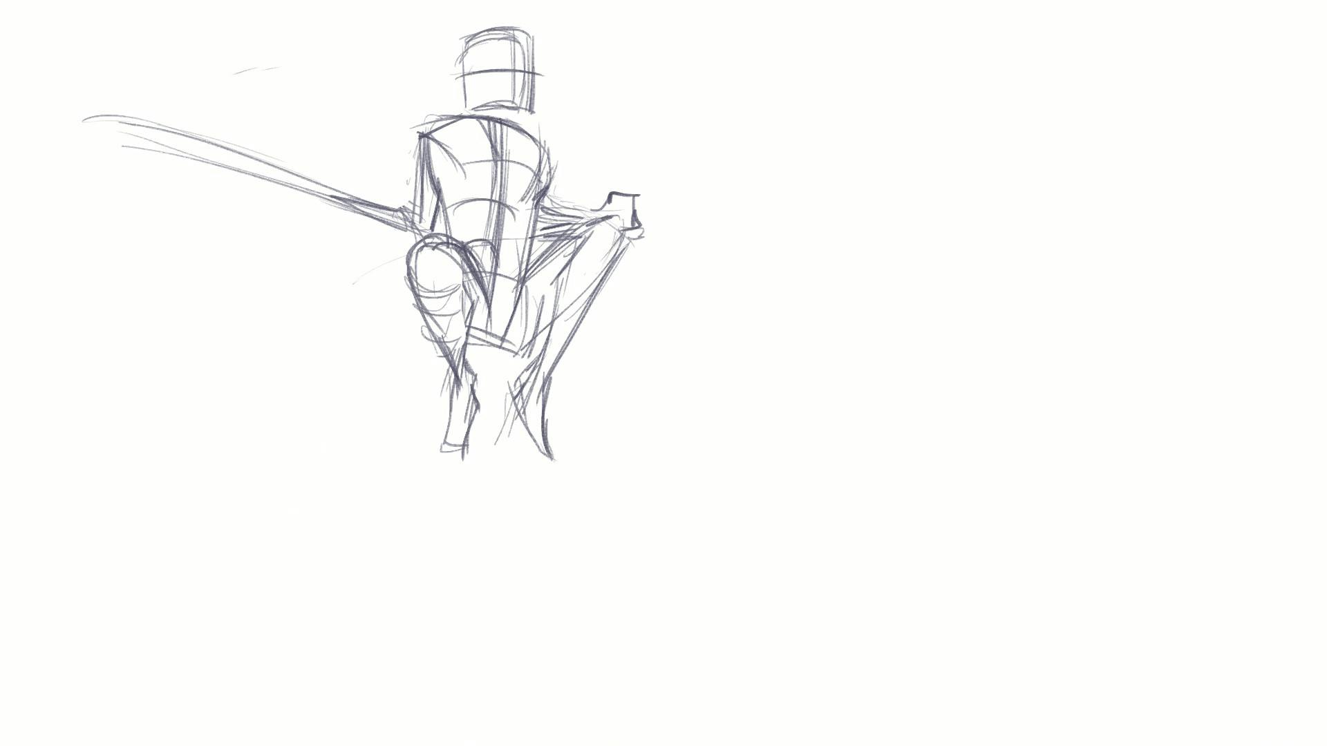 Figure drawing of someone jumping while holding a staff