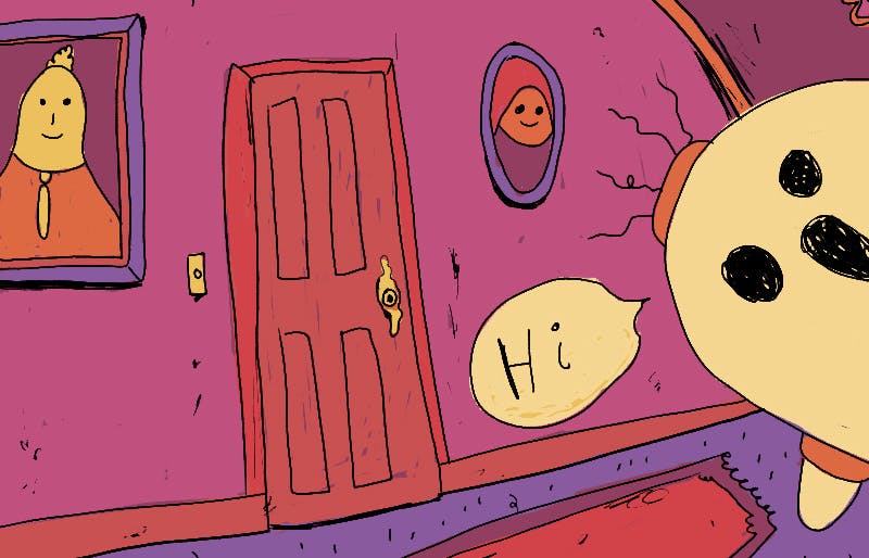 illustration of a hallway with portraits on the wall. A yellow character called Geenie Reenie pokes up from the side of the frame. There is a small speech bubble that says, "hi" 