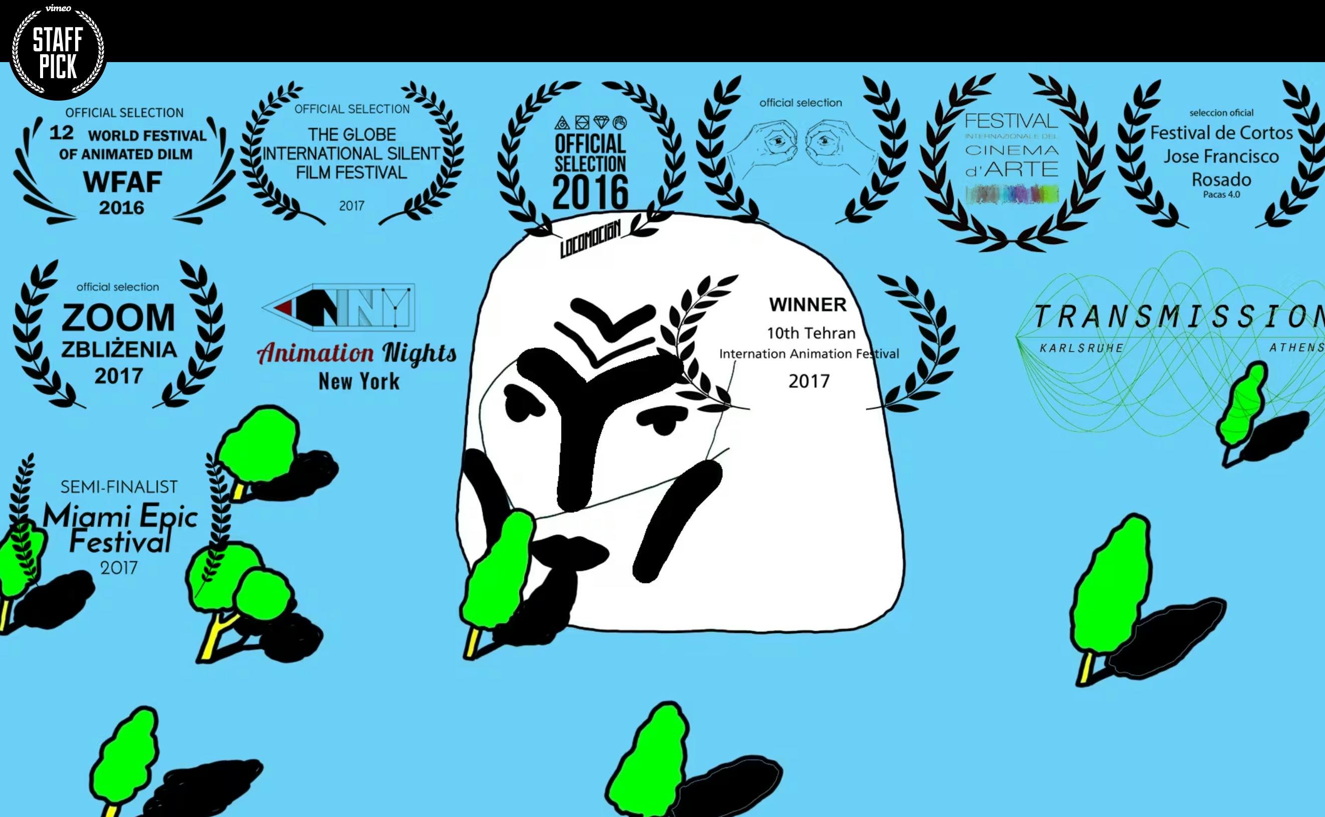 Landing page for Mehdi Shiri's Still Life (2015) with the character in the middle and the accolades of various awards around it