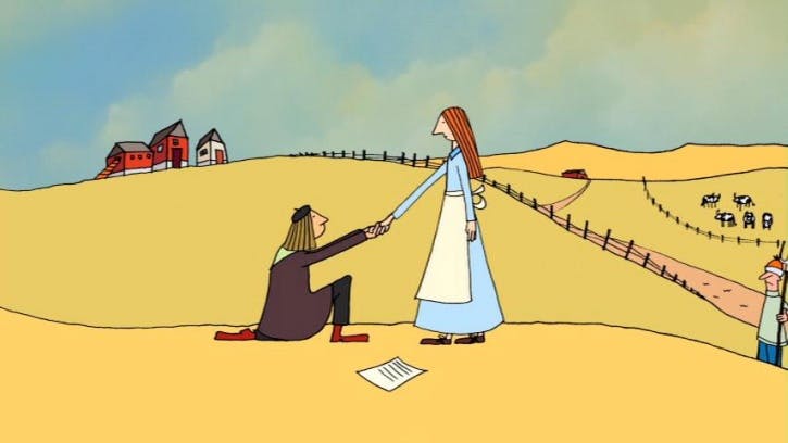 A man in a beret proposes to a woman in front of a farm.