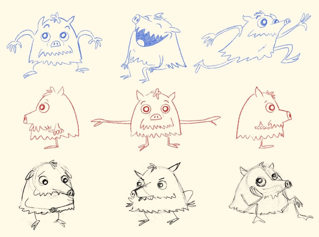 Nine character poses for Ana Piñero's pig-dog character, Paco