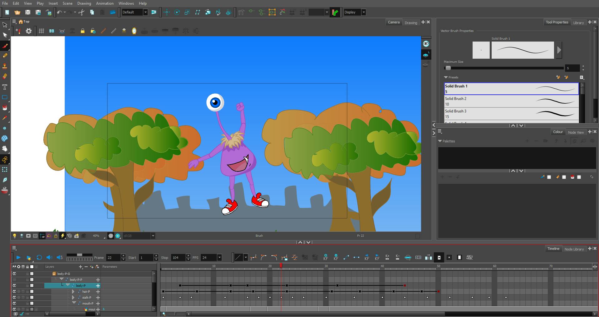 Toon Boom Harmony interface with a puppet character jumping for joy. The character is a purple monster with one eye on a long stalk, and red tennis shoes. The backdrop is a generic cityscape. 
