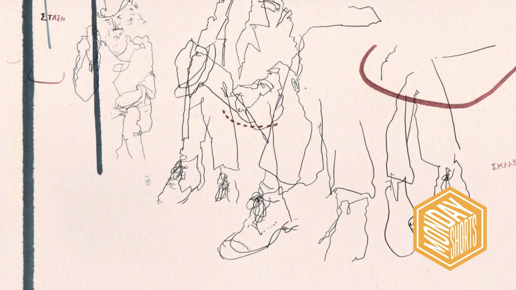 contour line drawing of people sitting next to each other in what looks lik ea train