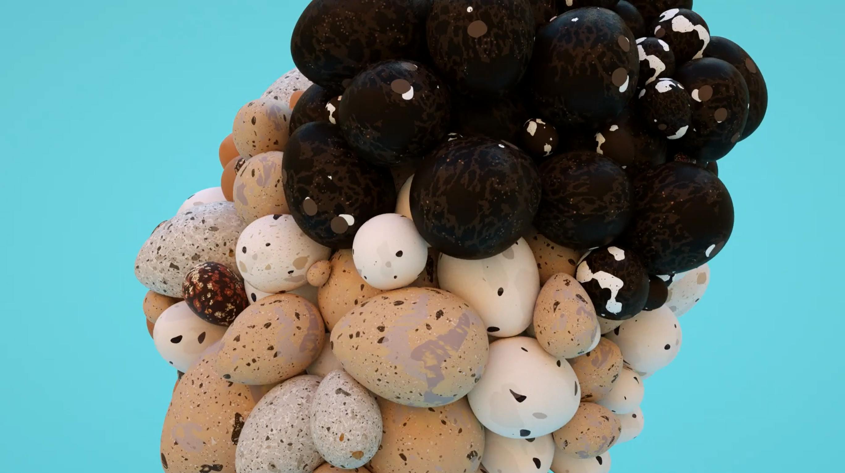 A 3D rendering of multiple multi-speckled bird eggs in a cluster over a blue background