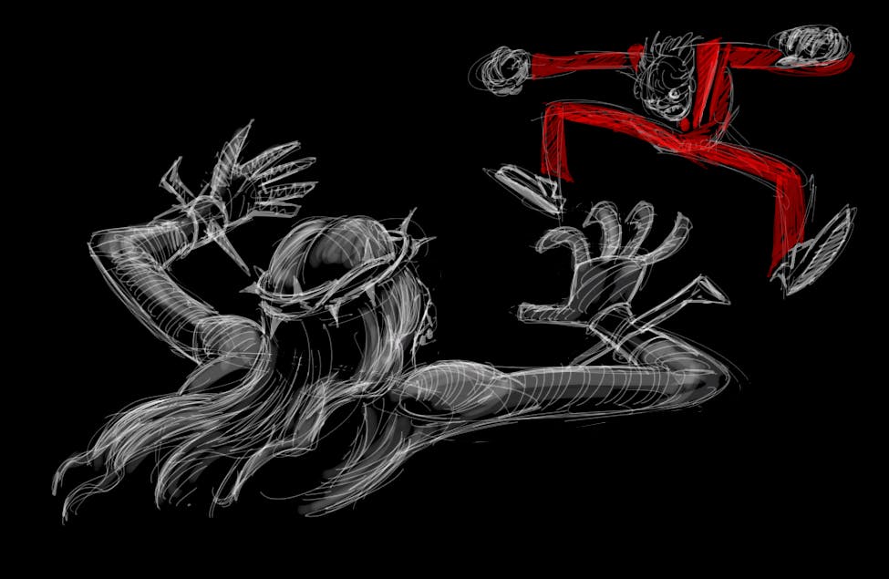 a loose chalk-like drawing of a person with long hair and a crown of thorns fighting a person in a bright red karate gi