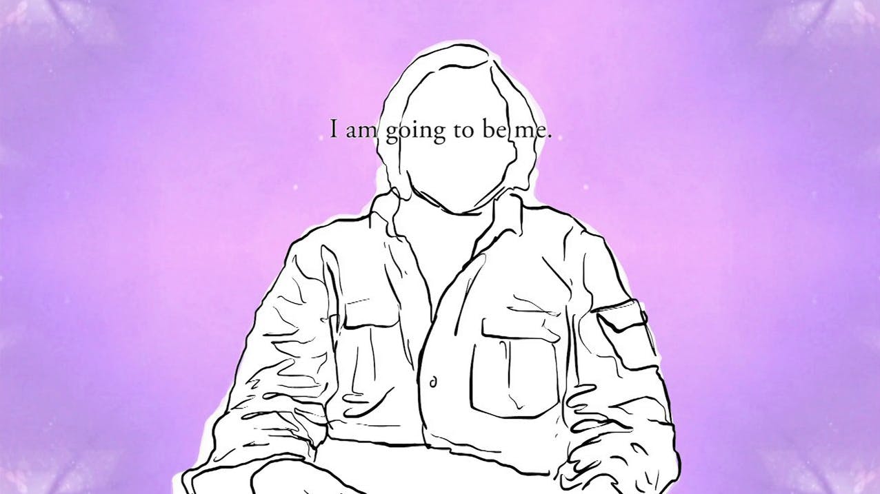 A drawing of a person with the text 'I am going to be me' in front of their face.