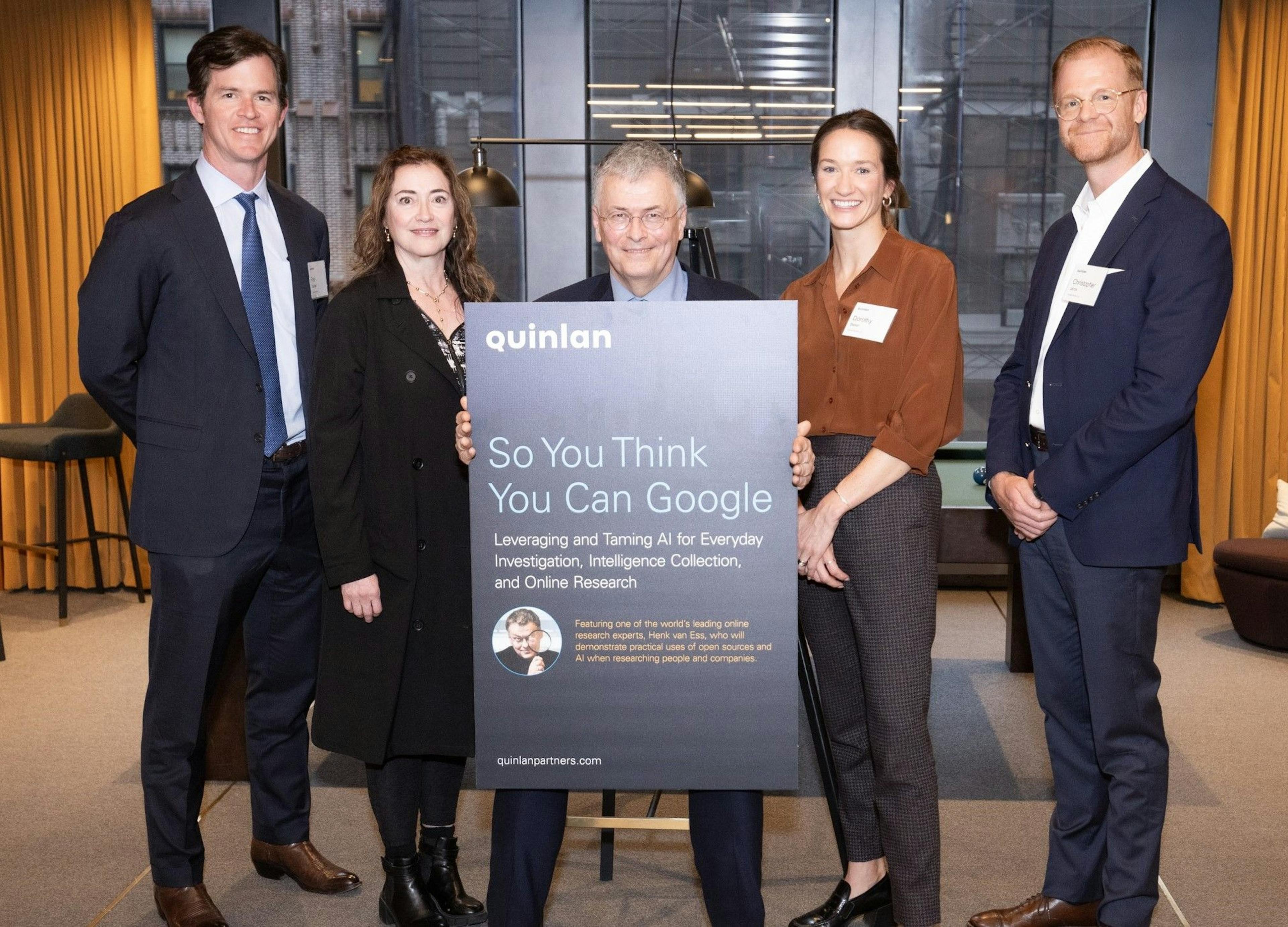 Paul Quinlan, Anita Huslin, Henk van Ess, Dorothy Baker, and Christopher Jaros with the So You Think You Can Google sign