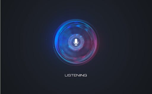 Black background with round design, in blue purple and red colors, a microphone image in the middle, and the word LISTENING on the bottom side