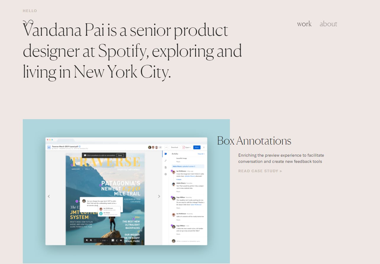 Vandana Pai senior product designer box annotations beige background blue square landscape photo
