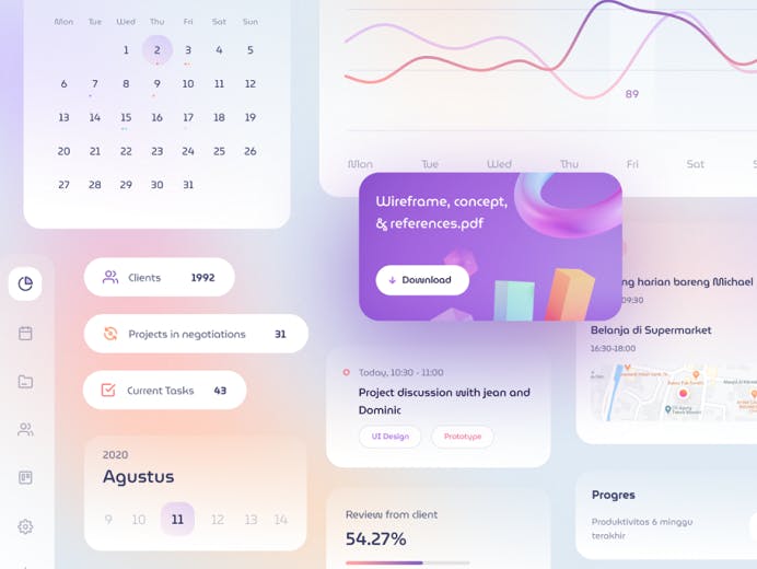 Calendar, Graph, Rounded purple square, date, percentage of review, progress, number of clients, number of projects in negotiations, current tasks