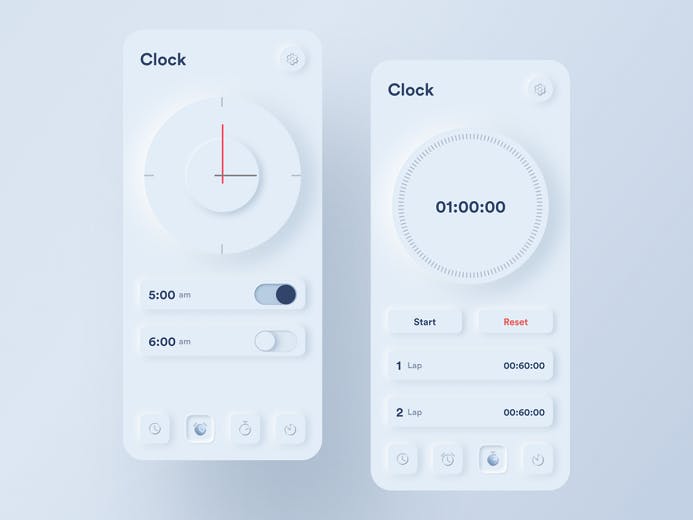 Two phone screens, Two clocks, a timer, alarm, start button, stop button,