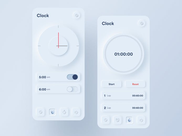 Two phone screens, Two clocks, a timer, alarm, start button, stop button, 