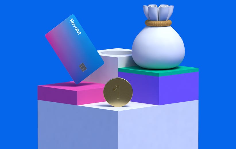 A blue background, one big square, three more squares holding stuff, a coin with the number one, a revolut card, a pouch tied with a rope