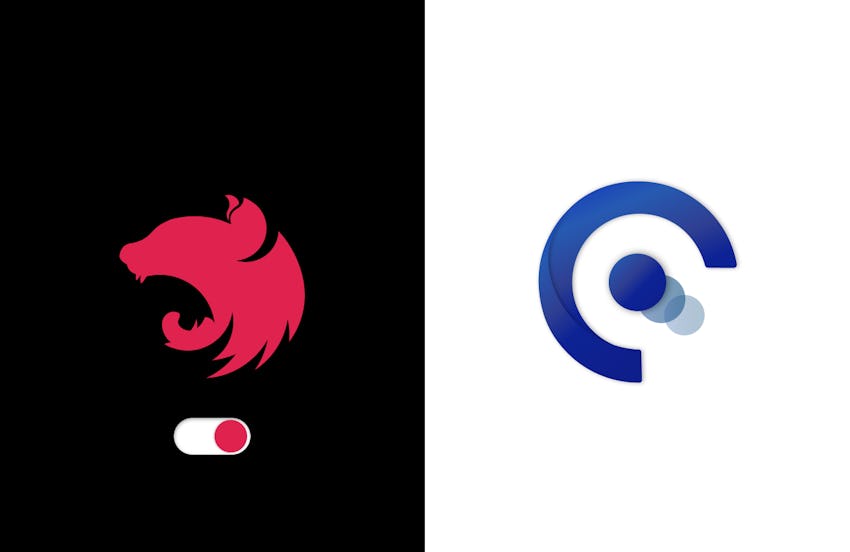 Red cat logo with black background on the left and quintessential logo on the right 