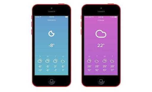 Two black Iphones in red phone cases,  The left shows the weather in Toronto, The right one also shows the weather in Coram