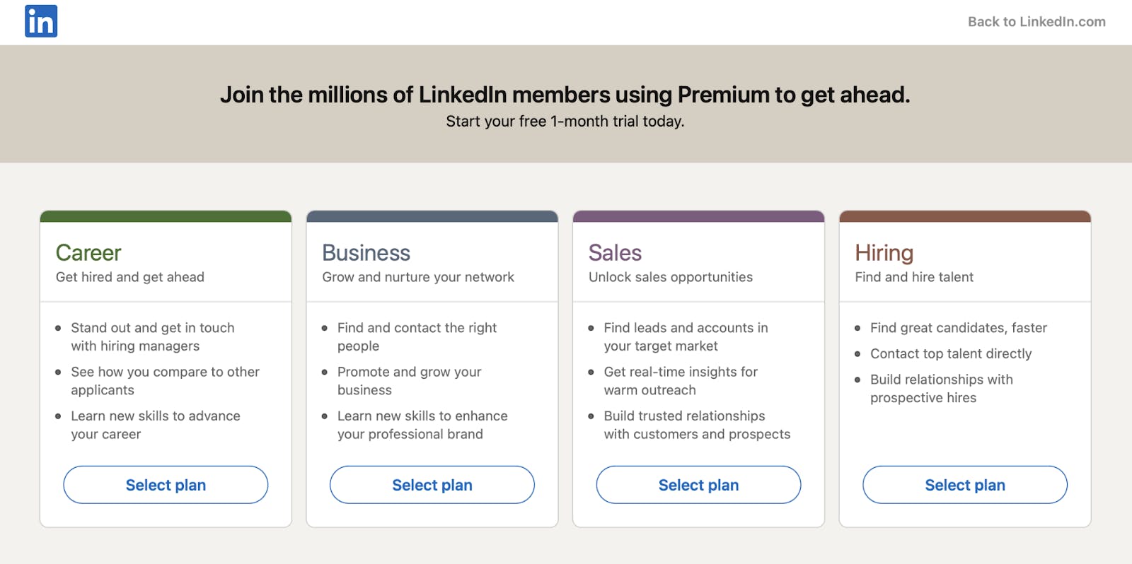 LinkedIn premium package choose options