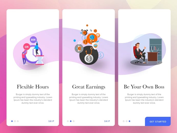 A white template, Purple and blue wave design, A clock, two people in front of the clock, a design with colorful bubble, a man at his desk