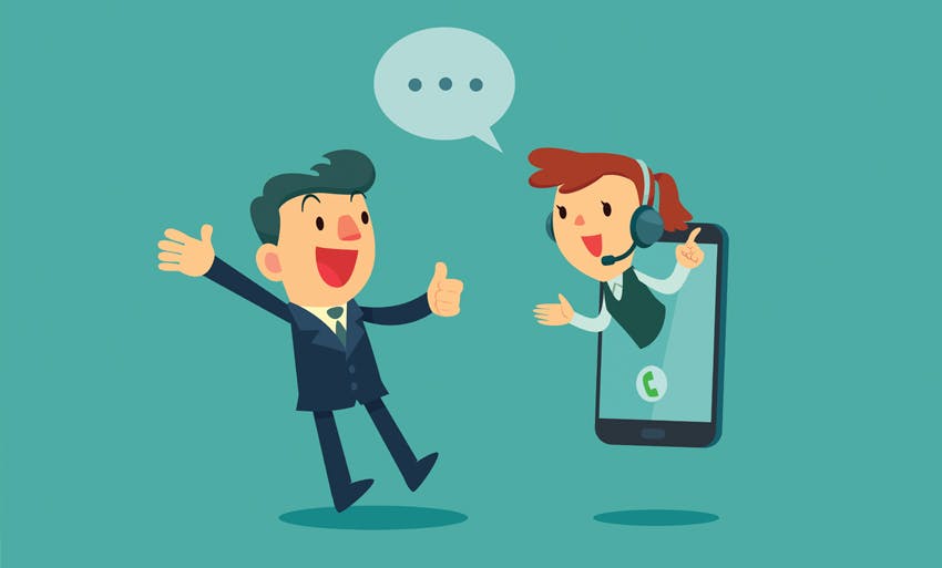 green background happy man, thumbs up a mobile phone, happy woman support service