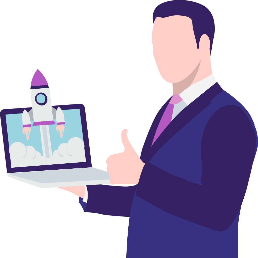 animated man wearing a blue suit holding a laptop that showcases a rocket launching