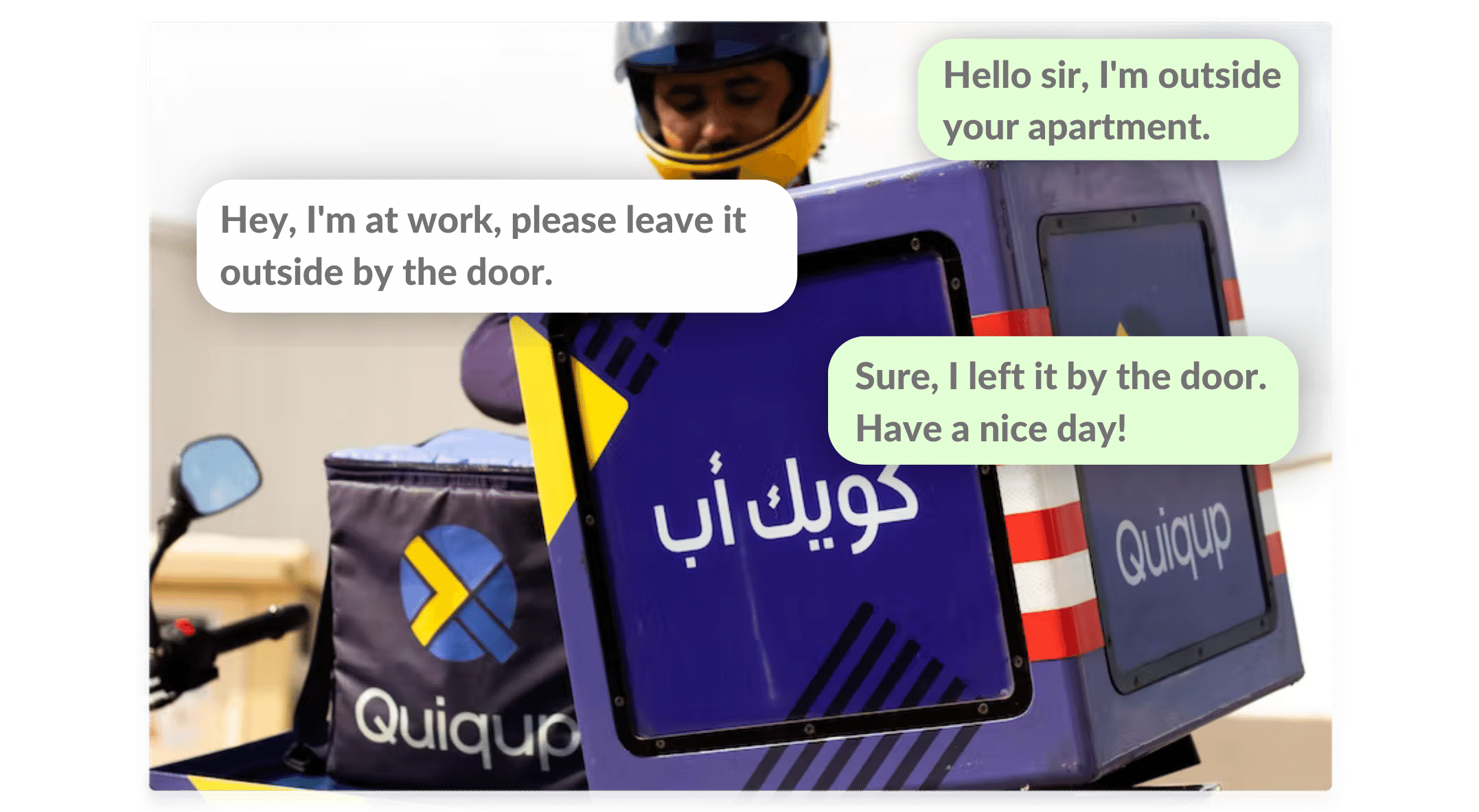 Quiqup courier chatting with customer to leave parcel by the door