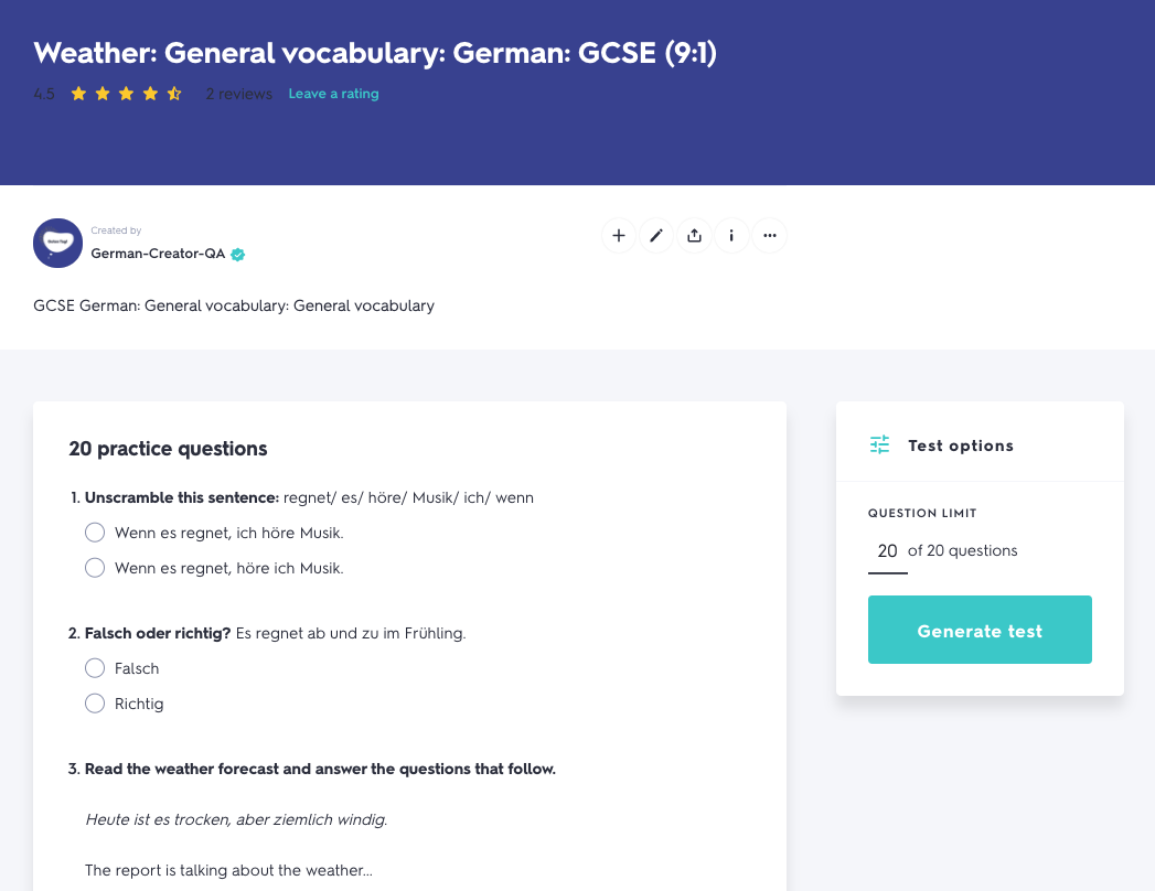 AQA GCSE German Practice Questions | Quizlet