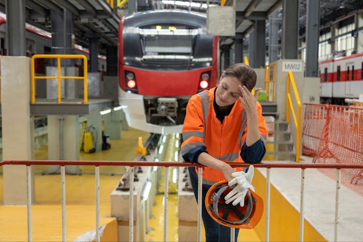 Tired looking woman in hi-vis gear at a rail depot