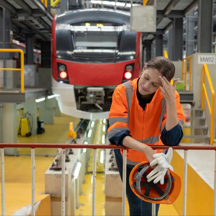 Tired looking woman in hi-vis gear at a rail depot