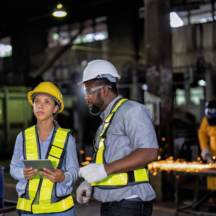 Two shift workers in manufacturing facility
