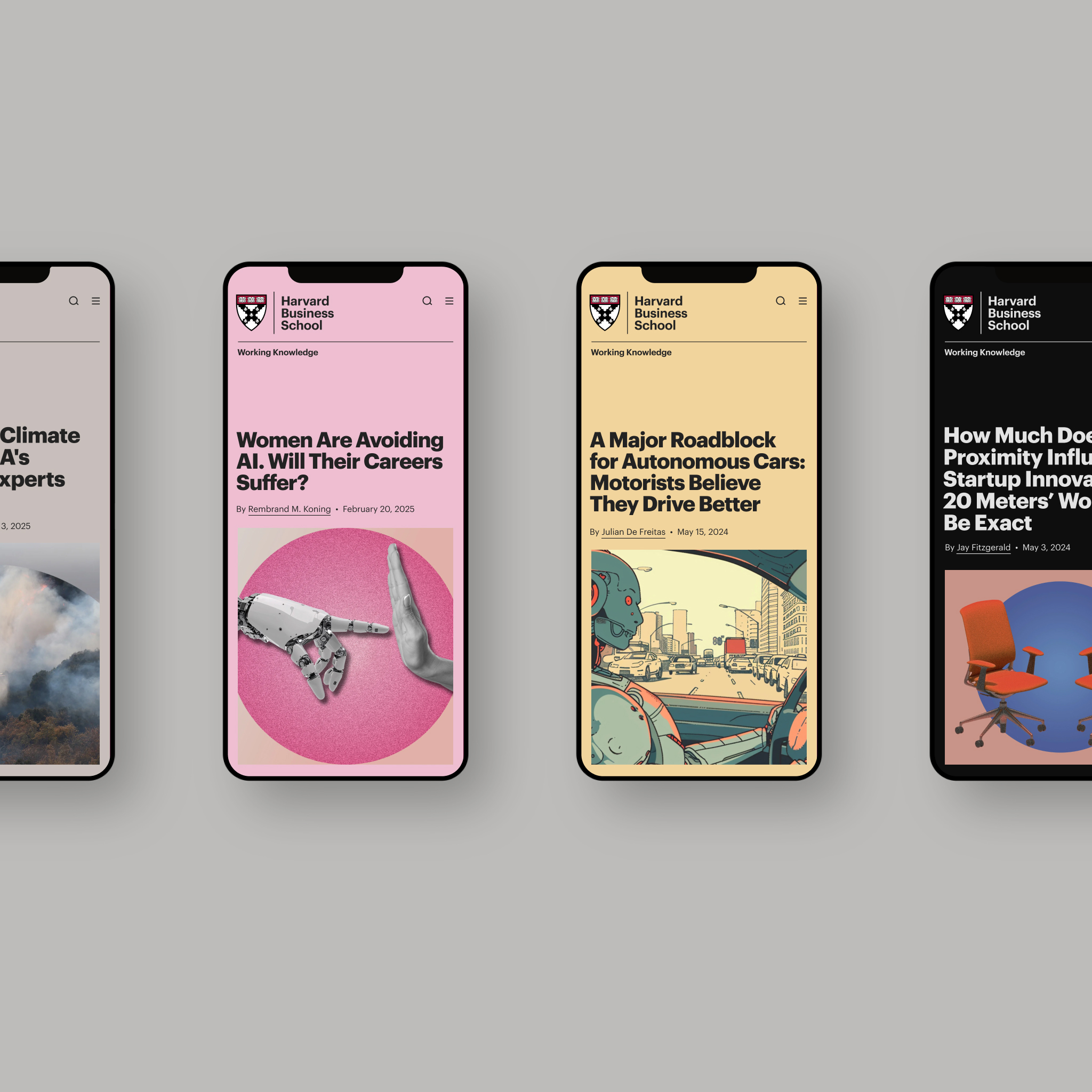 Website design for HBS featuring a mobile design for multiple article topper styles.