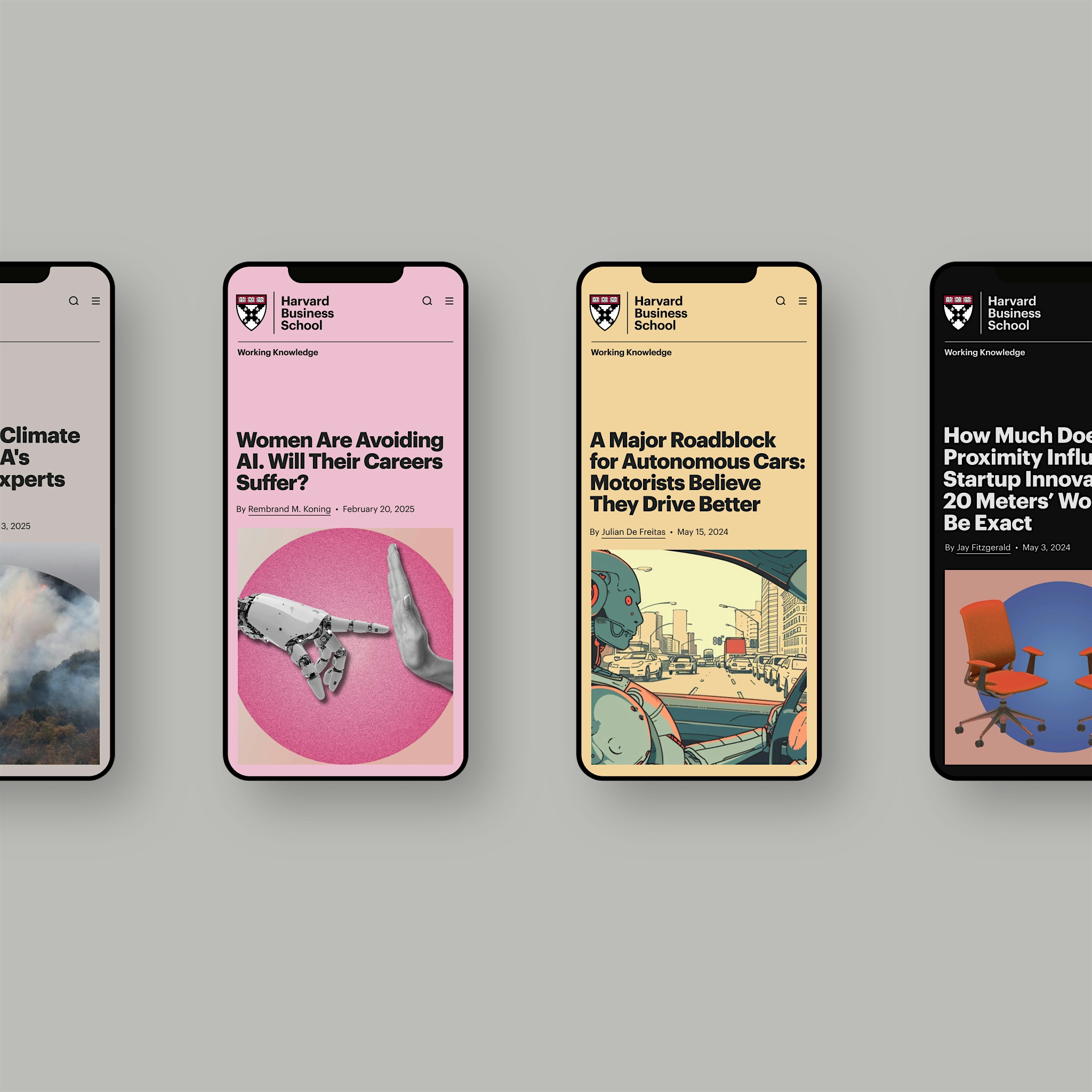 Website design for HBS featuring a mobile design for multiple article topper styles.