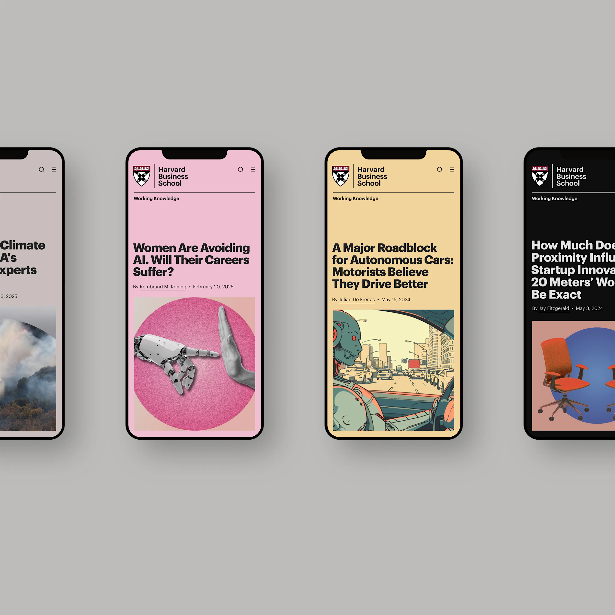 Website design for HBS featuring a mobile design for multiple article topper styles.