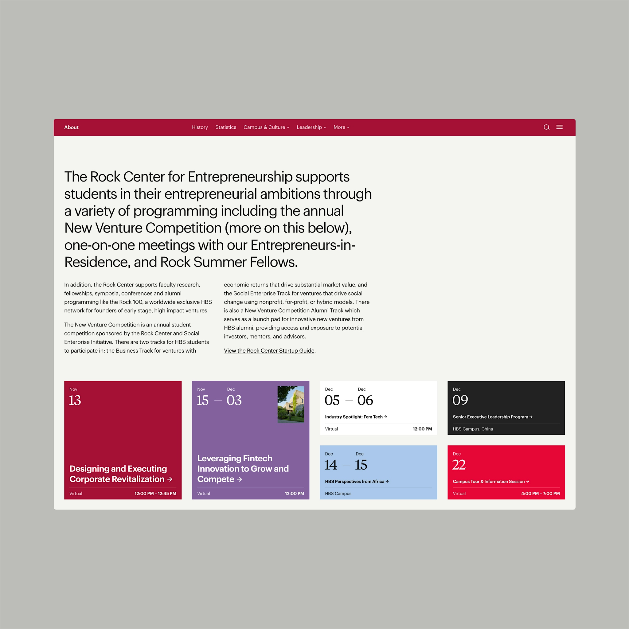 Website design for HBS featuring landing page components and rich typography.