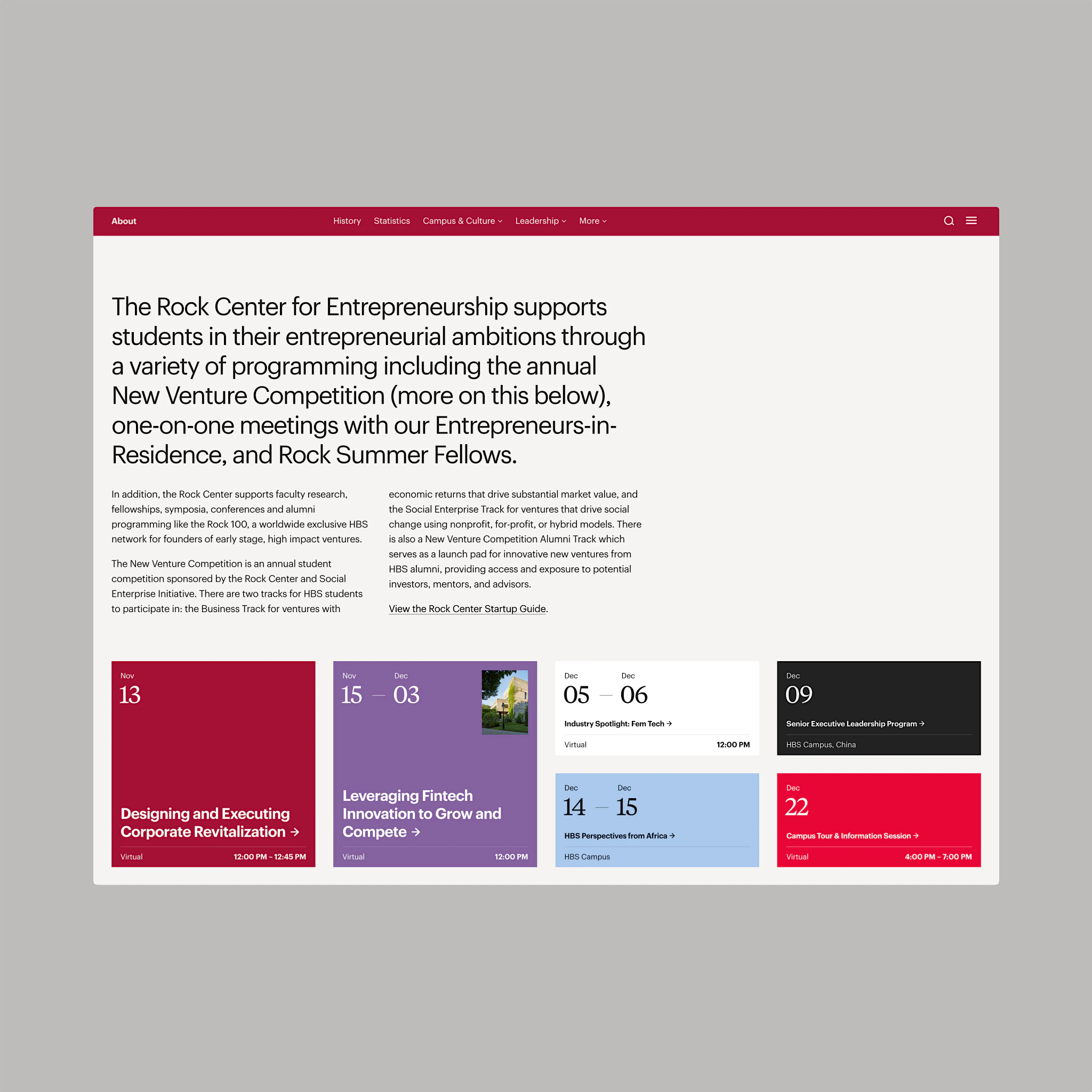 Website design for HBS featuring landing page components and rich typography.