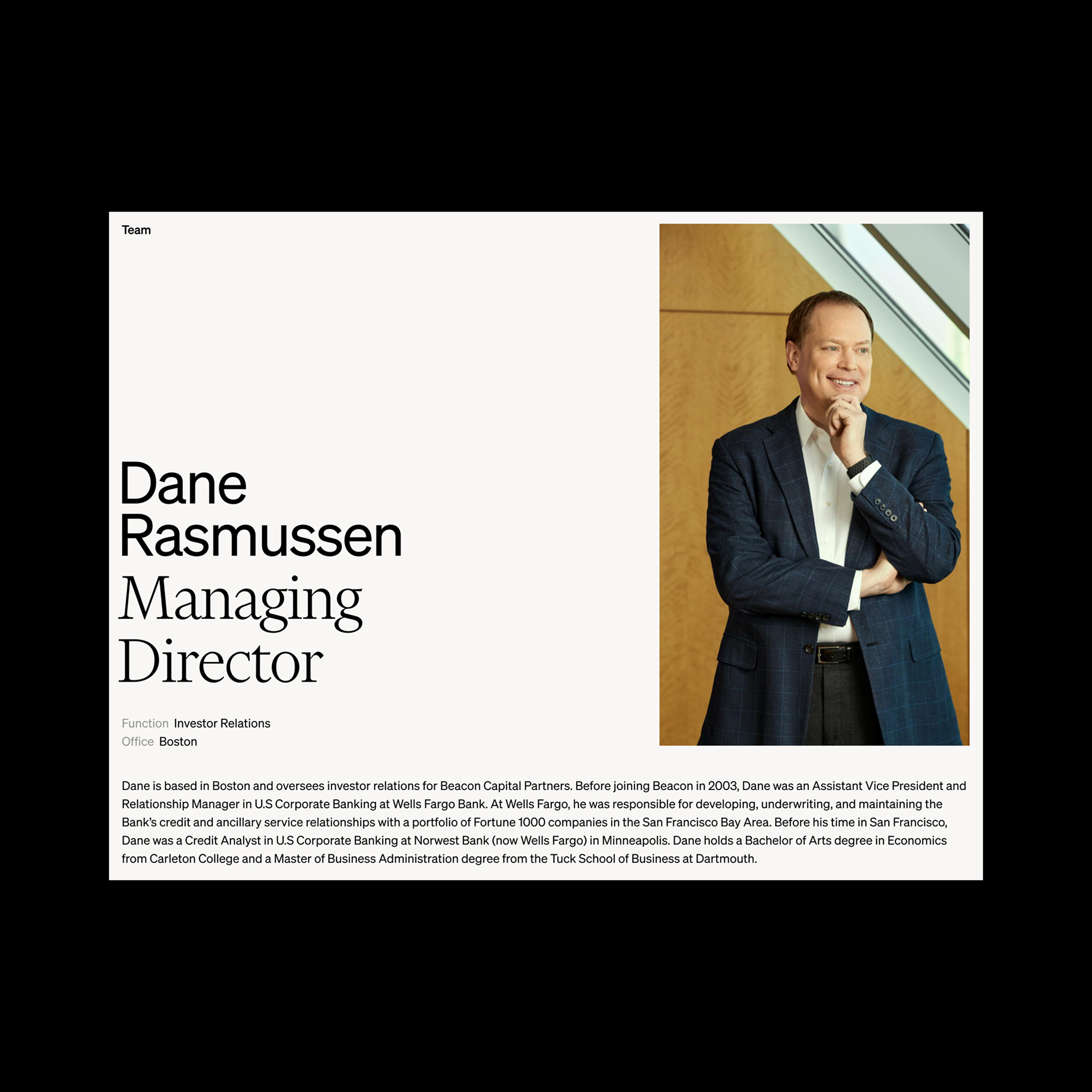 Website design for Beacon Capital featuring a profile page with elegant typography and imagery.