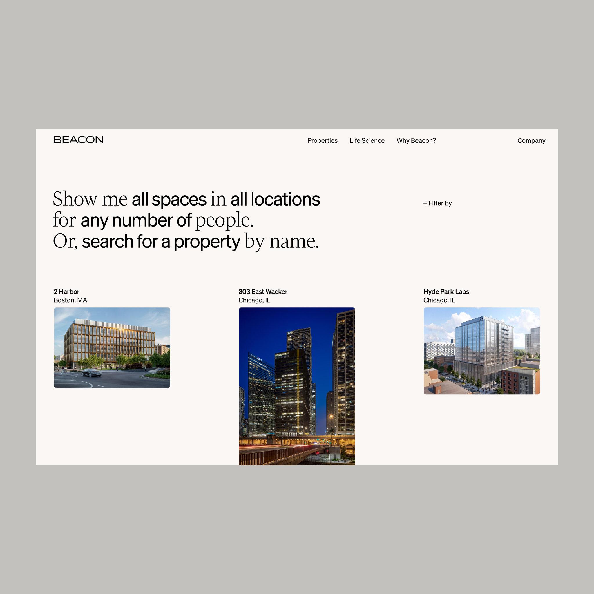Website design for Beacon Capital featuring the properties index page showing natural language filtering approach and a few portfolio properties.