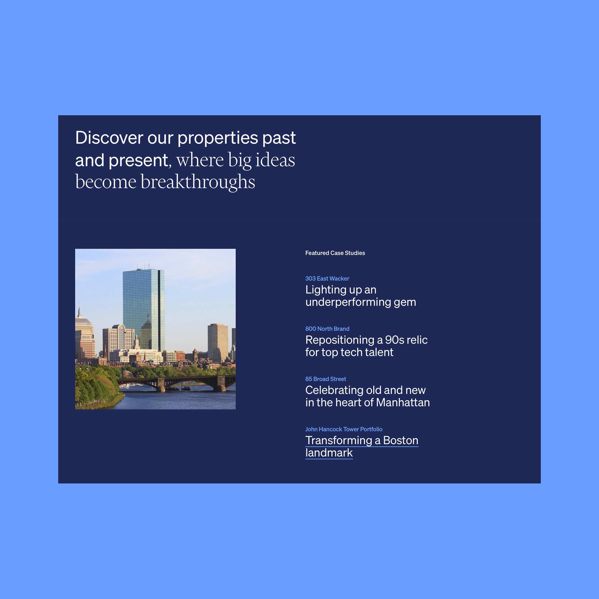Website design for Beacon Capital featuring portfolio index page showing featured properties.