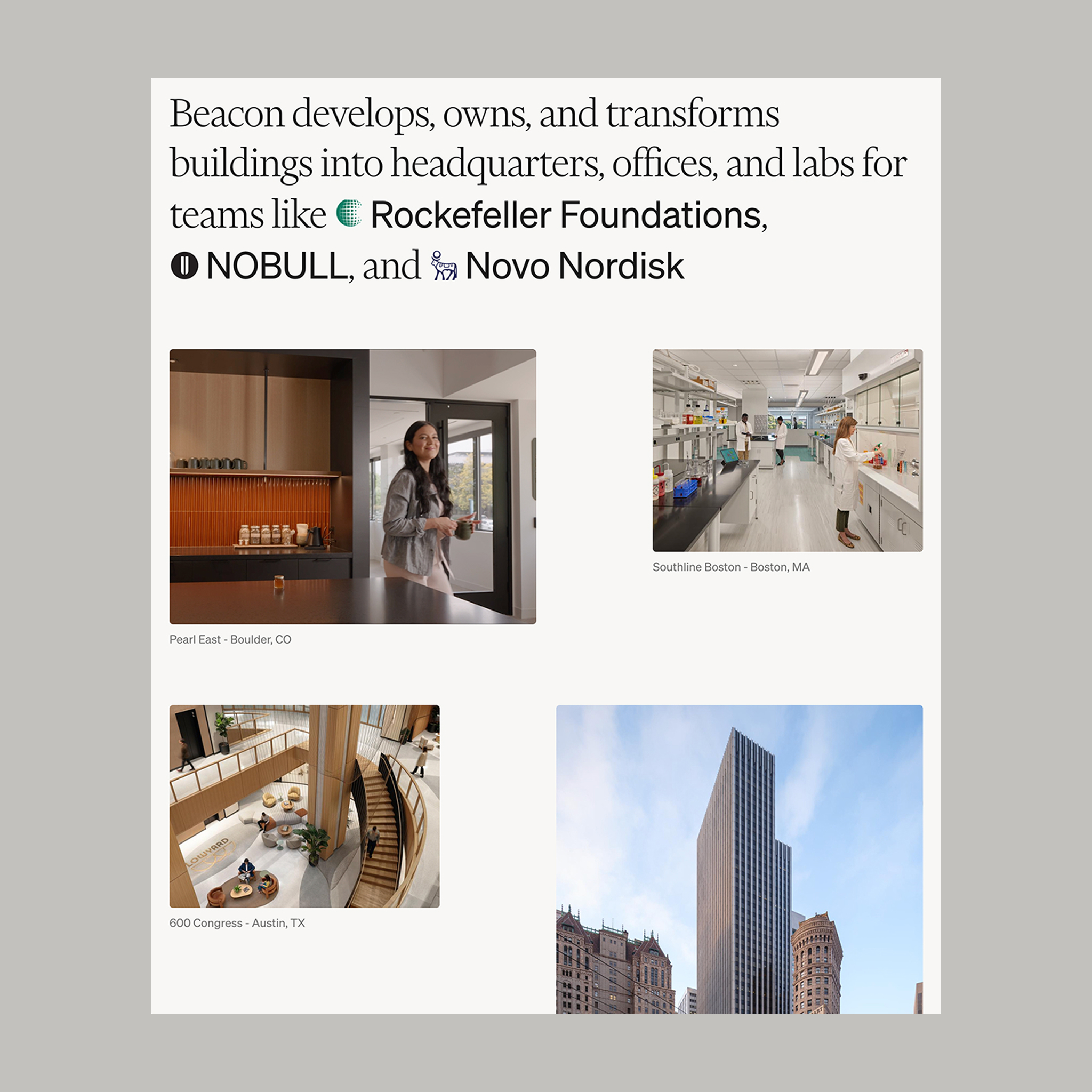 Website design for Beacon Capital featuring typography and image layout.