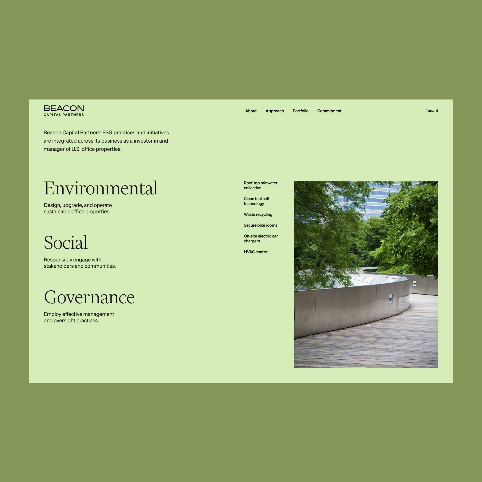 Website design for Beacon Capital featuring ESG commitment page on a light green background and clean layout.
