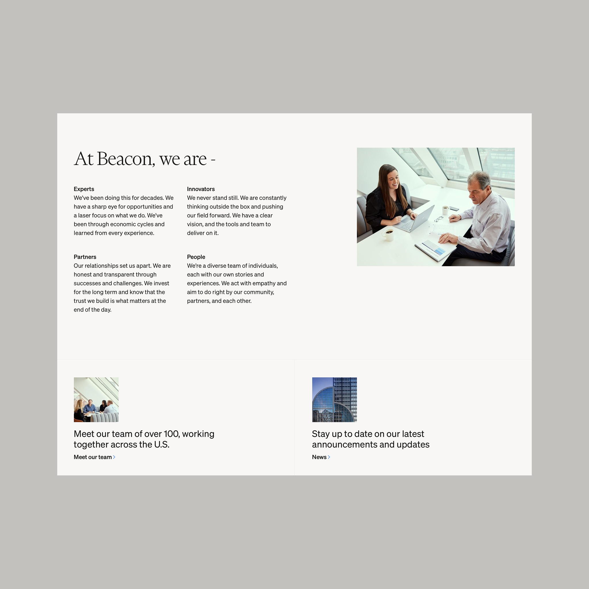 Website design for Beacon Capital featuring a beautiful grid layout balancing typography and imagery.