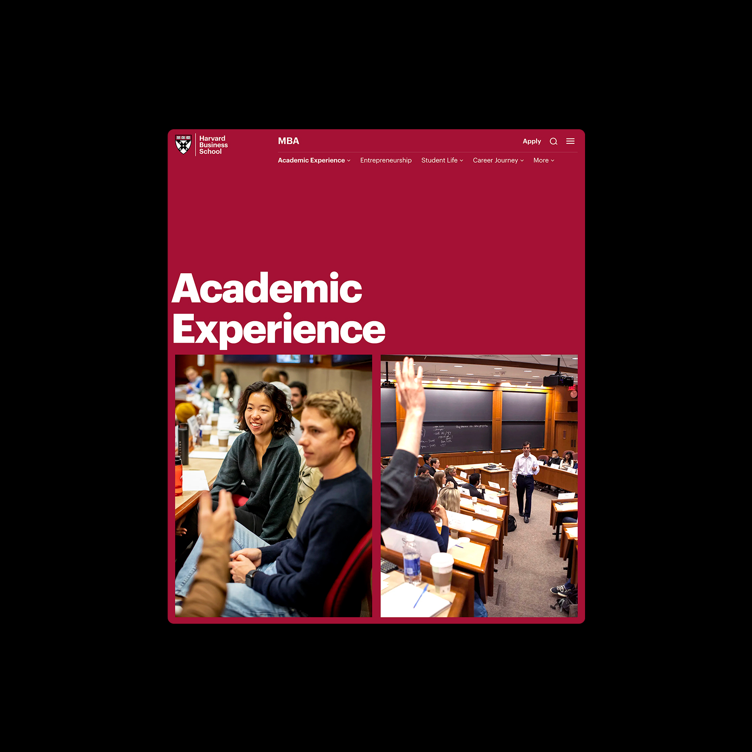 Website design for Harvard Business School featuring a landing page with bold typography, warm photography, and clean layout.
