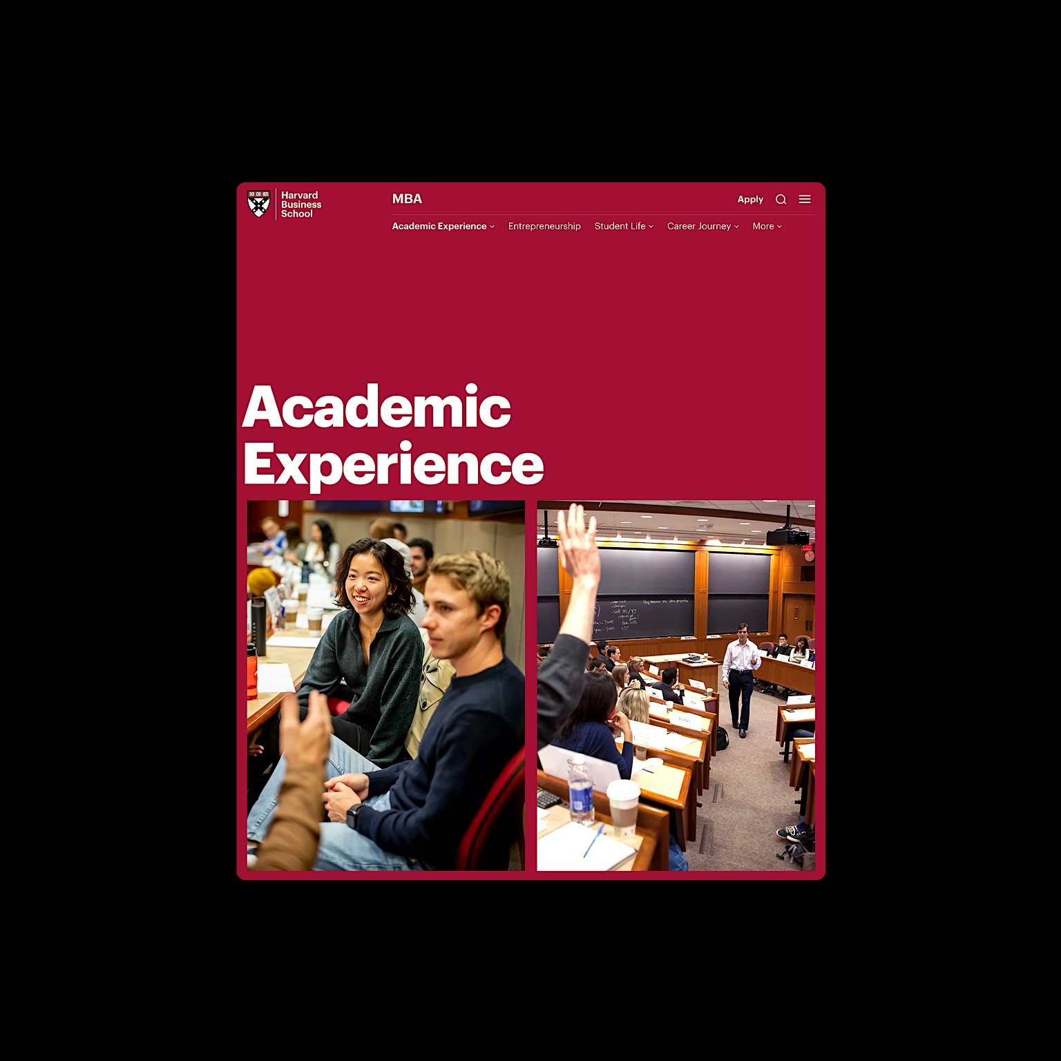 Website design for Harvard Business School featuring a landing page with bold typography, warm photography, and clean layout.