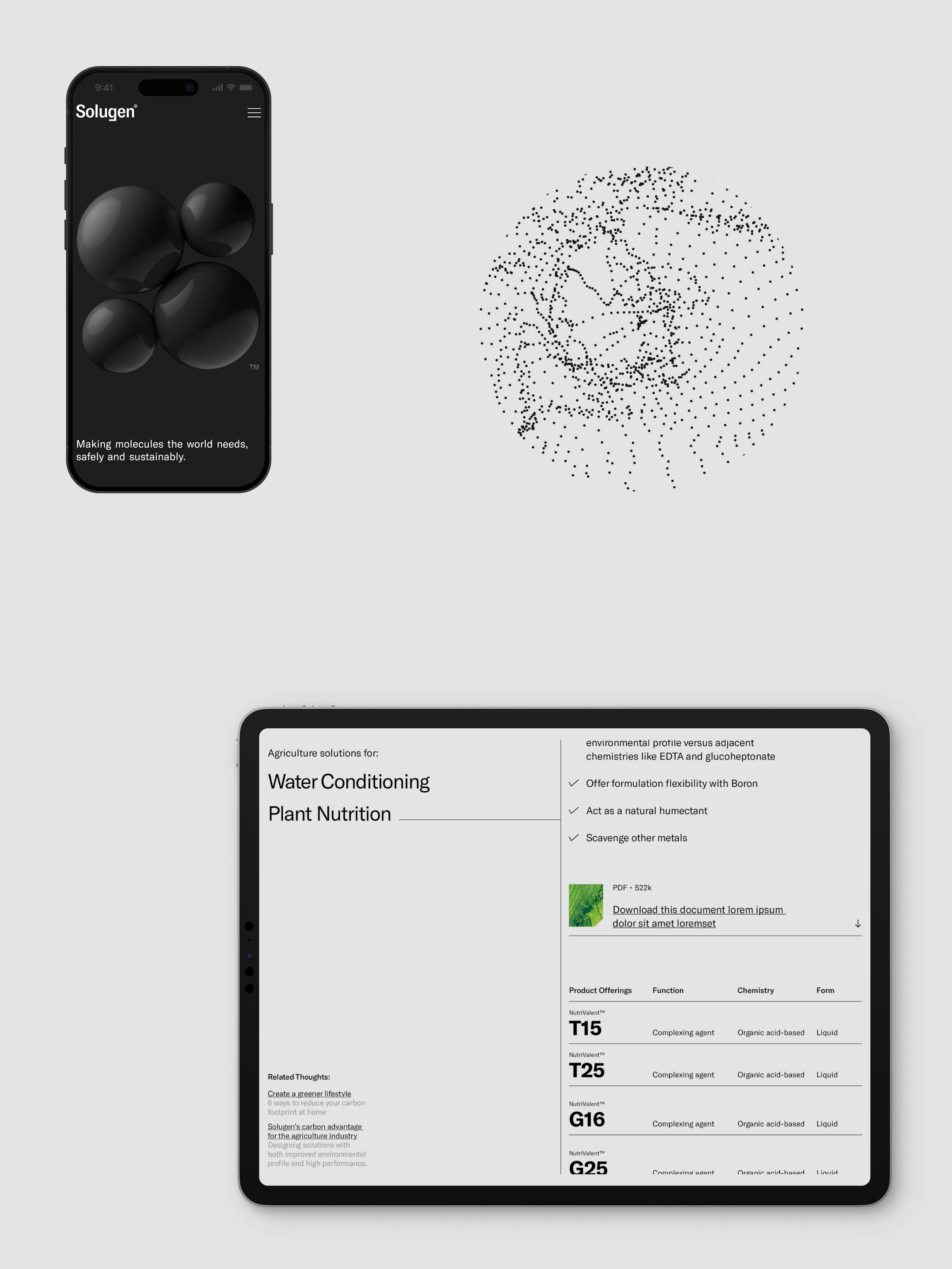 Website and brand design for Solugen featuring a mobile design, desktop layout, and a brand element.