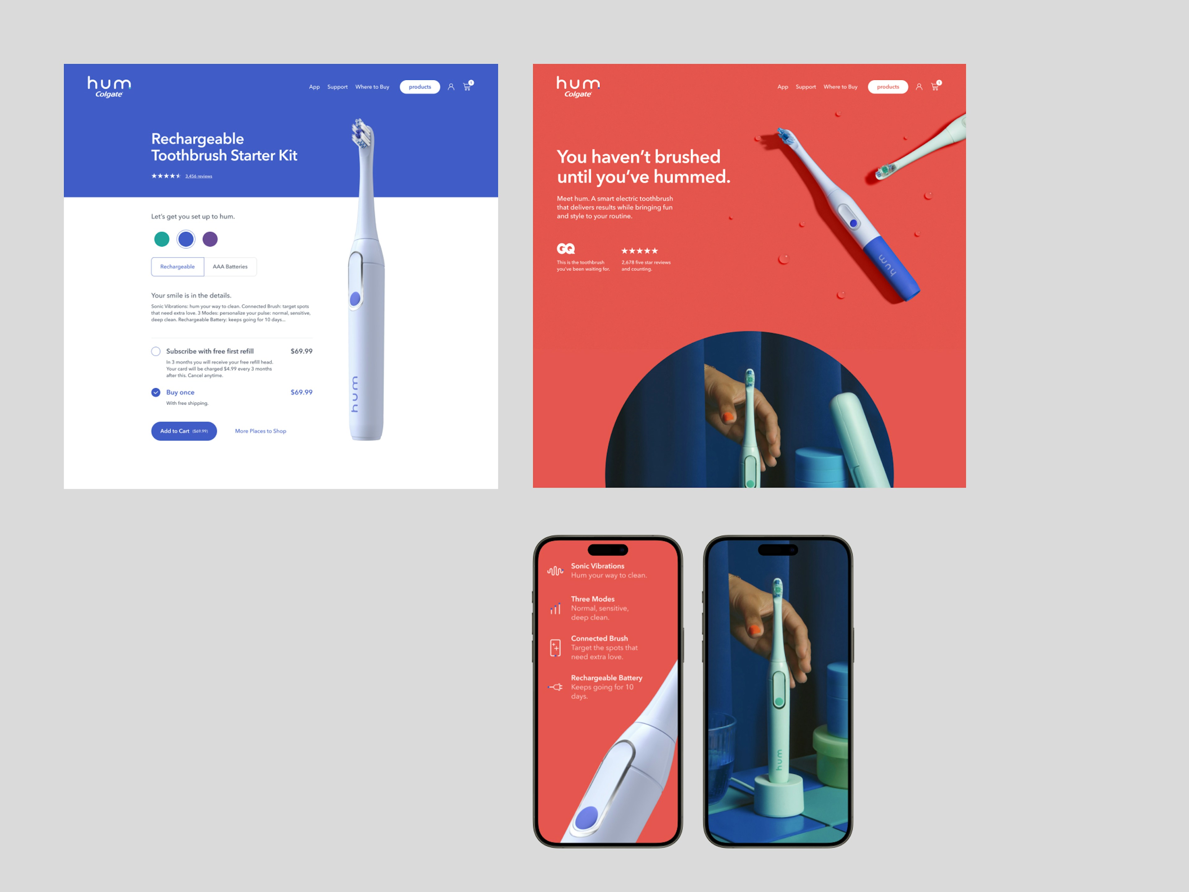 Website design for Hum by Colgate featuring a home and a product page, 2 mobile screens showing clean and colorful layouts.