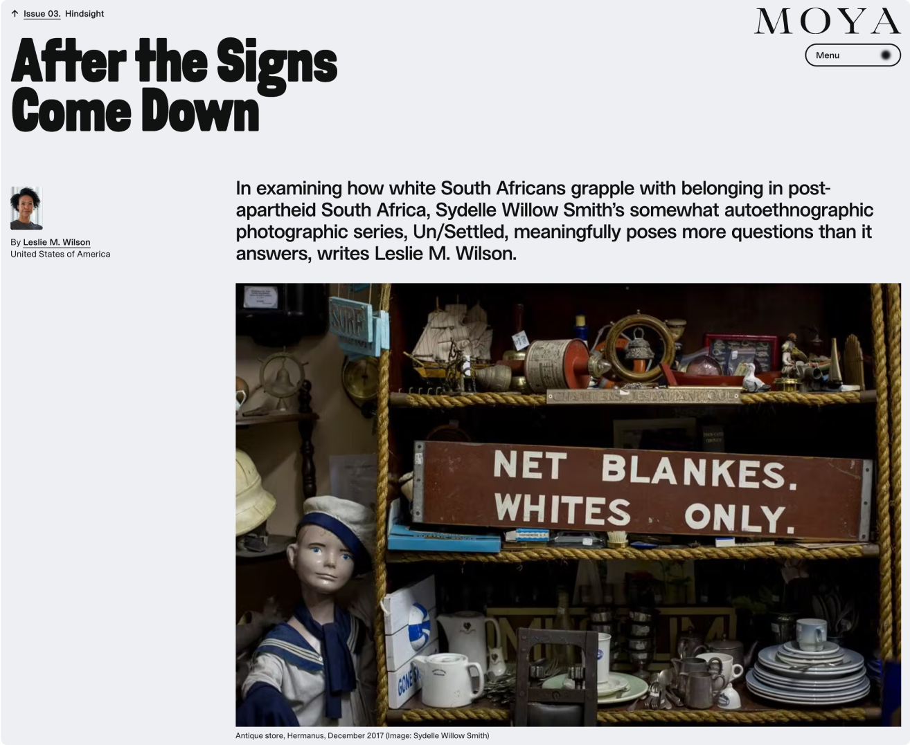 Website design for Moya Magazine featuring the top of an article page.