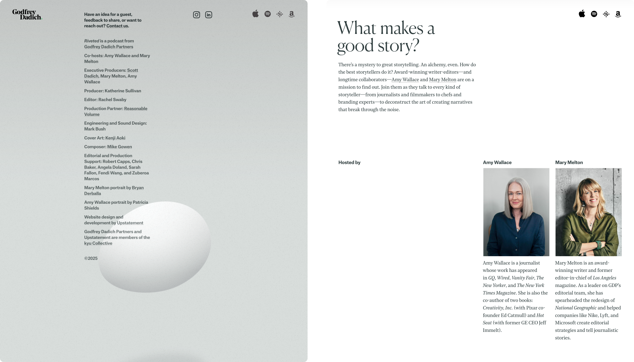 Website design for Riveted Podcast featuring 2 screens showing clean layouts and elegant typography. 