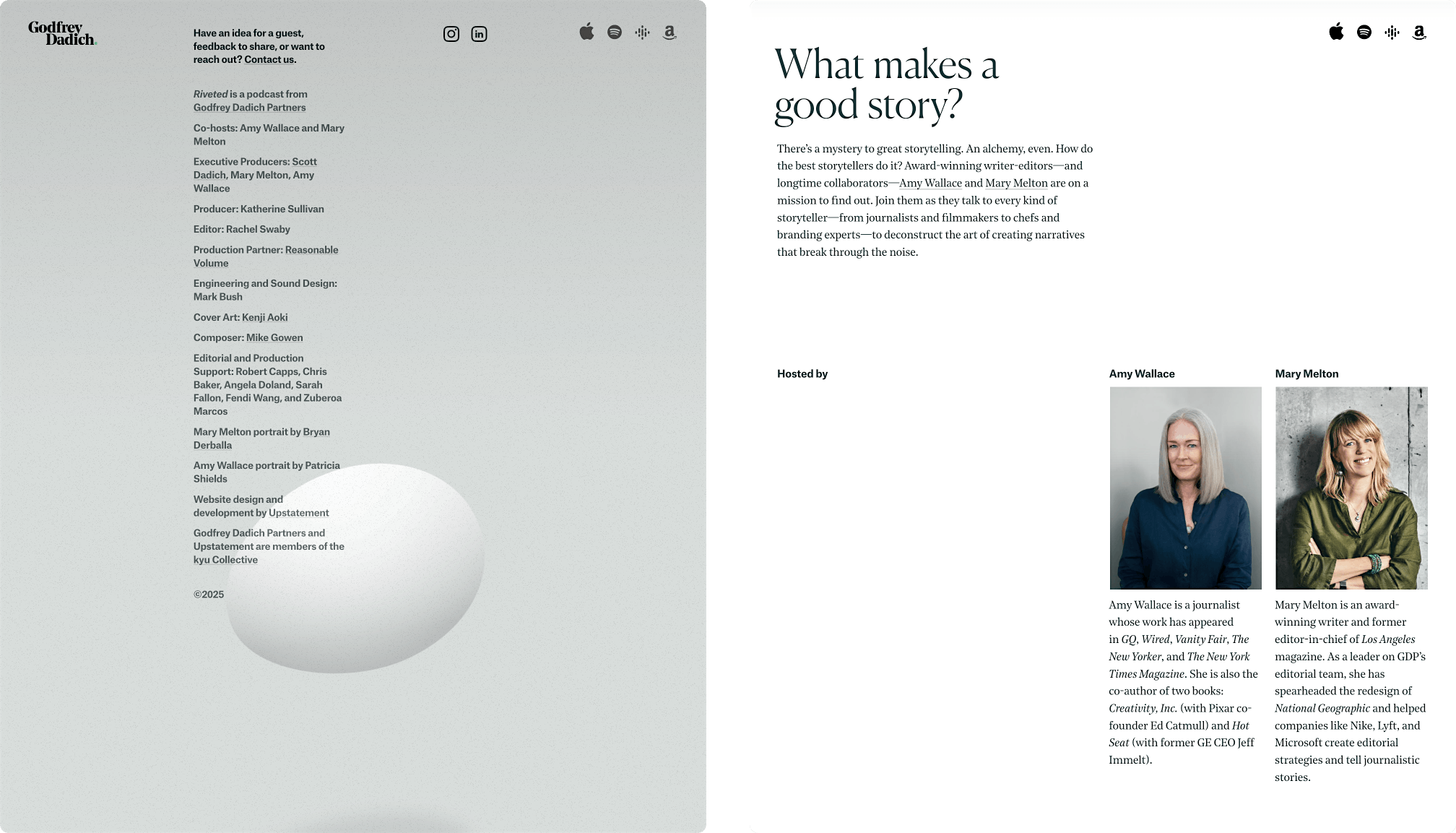 Website design for Riveted Podcast featuring 2 screens showing clean layouts and elegant typography.