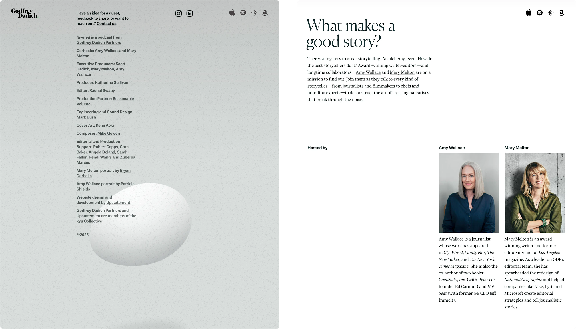 Website design for Riveted Podcast featuring 2 screens showing clean layouts and elegant typography.