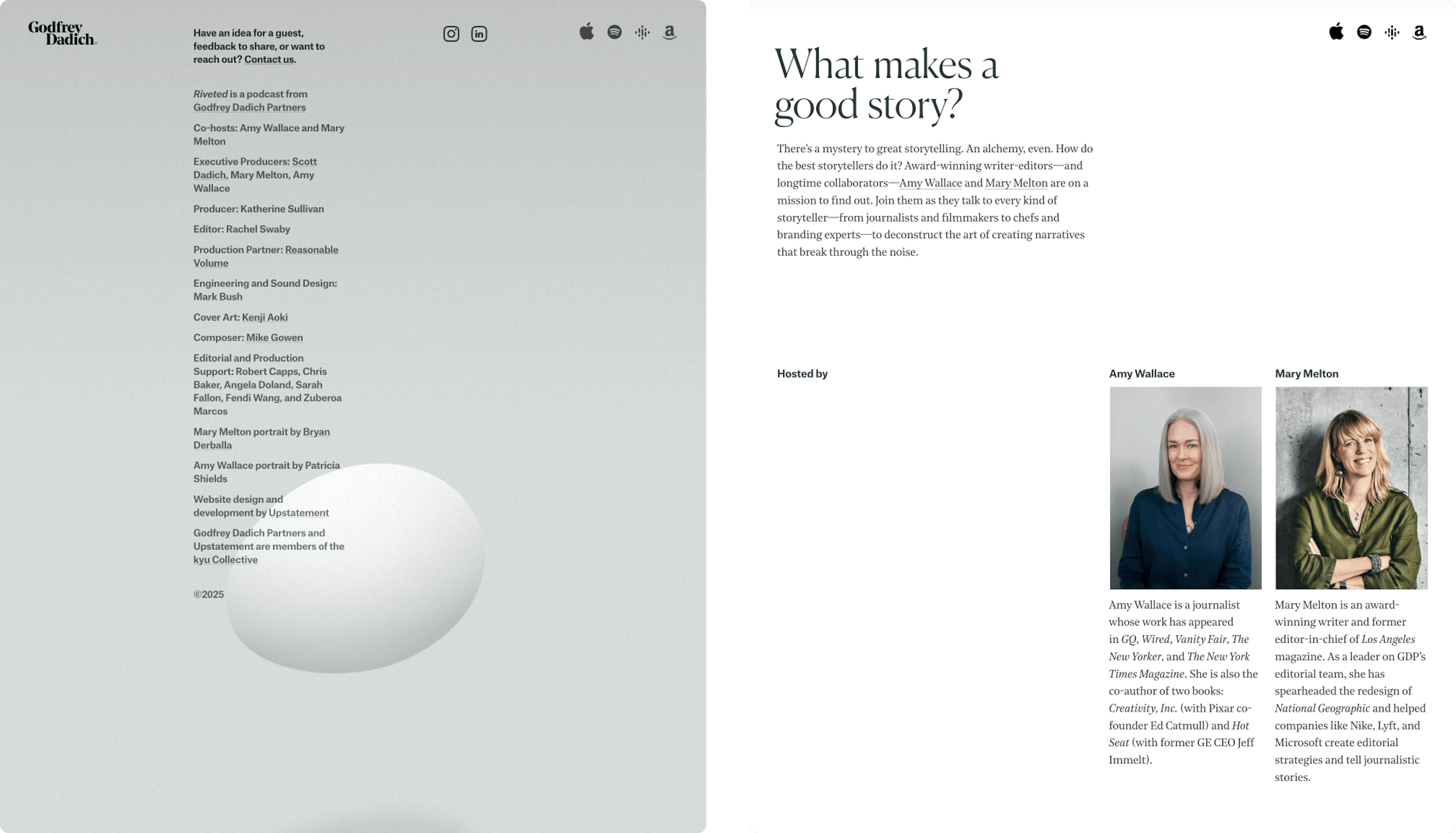 Website design for Riveted Podcast featuring 2 screens showing clean layouts and elegant typography. 