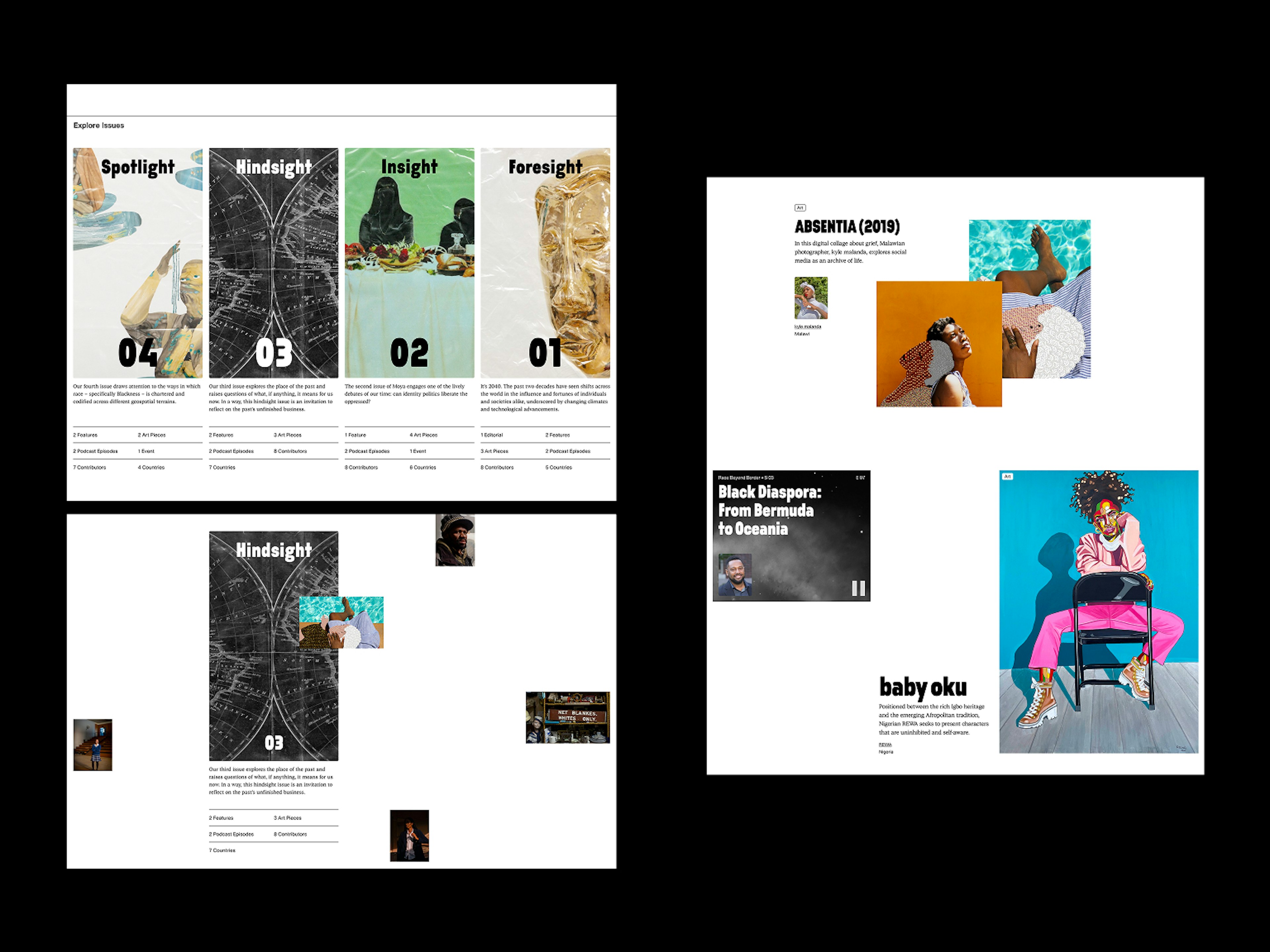 Website design for Moya Magazine featuring multiple published issues and a hover state design, as well as different teases for an article, podcast episode, and a featured art piece in a clean and open layout.