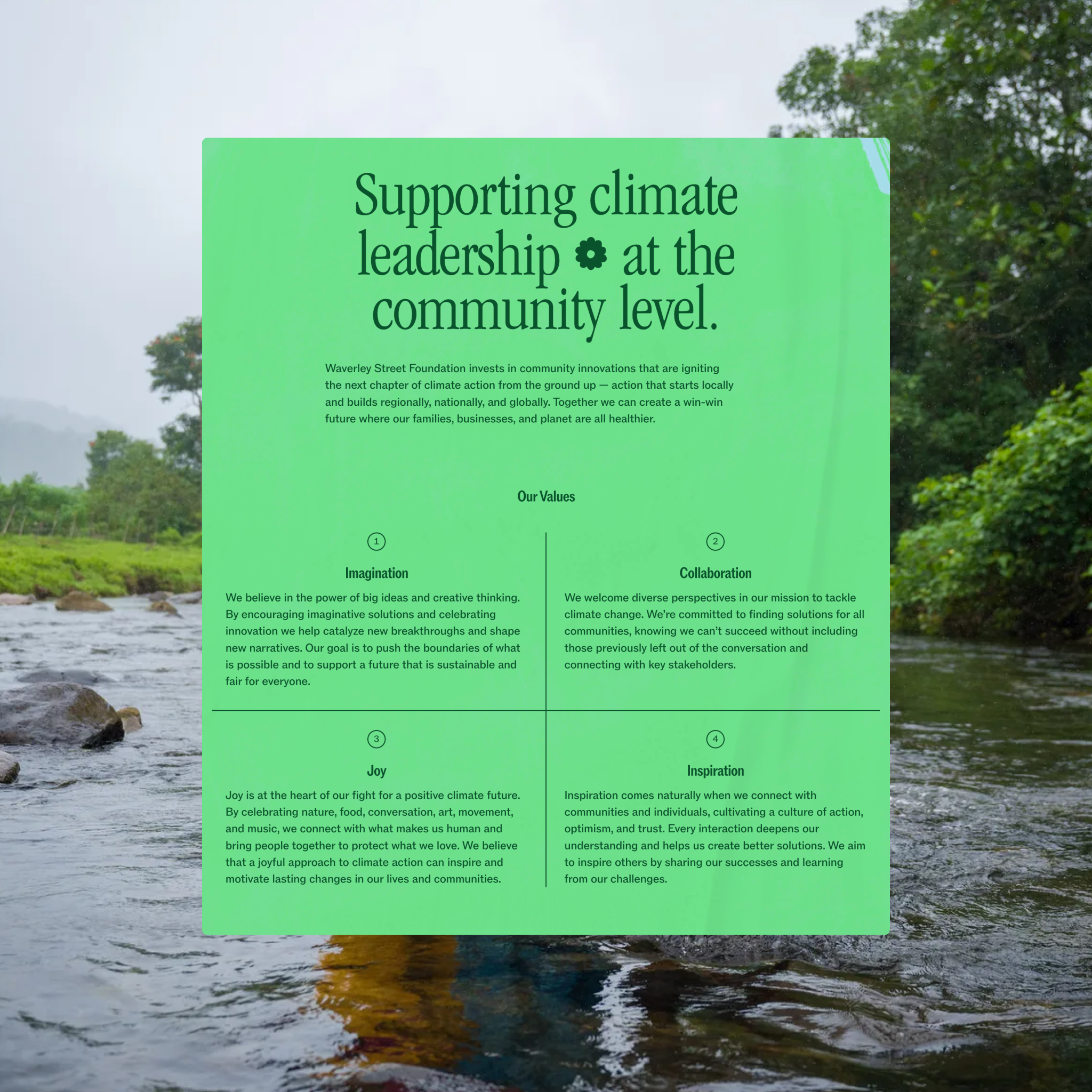 Website page for Waverley Street Foundation with bright green background. Headline reads 'Supporting climate leadership at the community level.' Below is text explaining their mission to invest in community climate innovations for local to global action. The page displays four core values in a grid format: Imagination, Collaboration, Joy, and Inspiration, each with descriptive text about their approach to climate action.